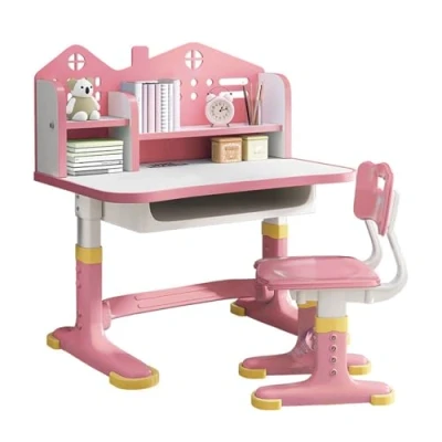 Image of pofluany Children Study Desk and Chair Set, Height Adjustable Chair, School Student Writing Table with Drawer Bookstand, Ergonomic Large Board Pink 1