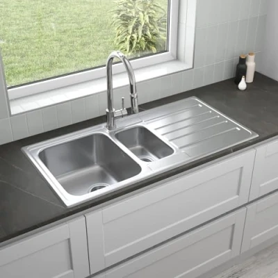 Image of Lussena® 1000 x 500mm Stainless Steel Kitchen Sink 1.5 Bowl Sinks, Right Hand Drainer, Inset, Free Basket Strainer Waste