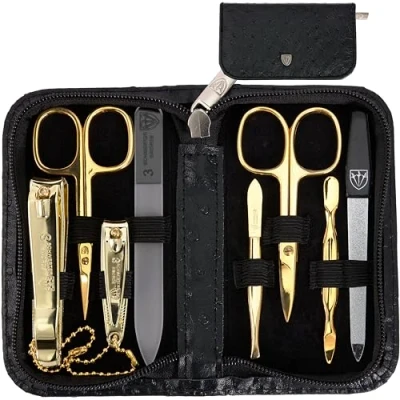 Image of 3 Swords Germany brand quality 8 piece manicure pedicure grooming kit set for professional finger &amp; toe nail care scissors clipper fashion leather case in gift box, Made by (000910)