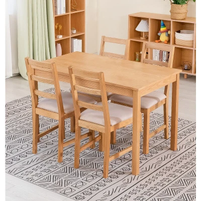 Image of Hallowood Furniture Waverly Oak Small Dining Table and Chairs Set 4, Wooden (120x70cm) &amp; Ladder Back Solid with Beige Seat, Room for Home Cafe