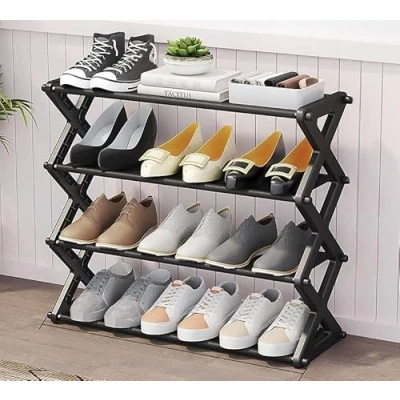 Image of 3 Tier Shoe Rack With Storage Shelf on top Organiser Metal Fits 6 Pairs of Shoes Stackable for Hallway, Living Room, Bedroom Small (Black)