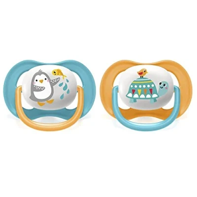 Image of Avent Ultra Air Animals 2 Orthodontic Silicone Soothers 6 18 Months Pinguin/Turtle Orange and Blue