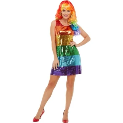 Image of Smiffys All That Glitters Rainbow Costume, Multi Coloured with Sequin Dress, Rainbow/Gay Pride Items Fancy Adult Dress Up Costumes