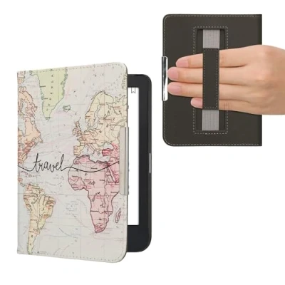 Image of kwmobile Case Compatible with Kobo Clara 2E / Tolino Shine 4 PU Cover w/Strap Travel Black/Multicolor