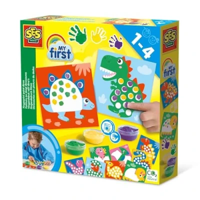Image of SES Creative 14442 My First Fingerprint Paint Dinos, 10 Colouring Pages with Easily Washable Paint, Complete time Painting Set for Children Ages 1 4