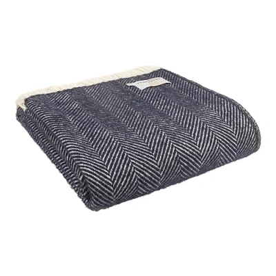 Image of Tweedmill Textiles 100% Pure New Wool Fishbone Throw, Navy, 150x180cm