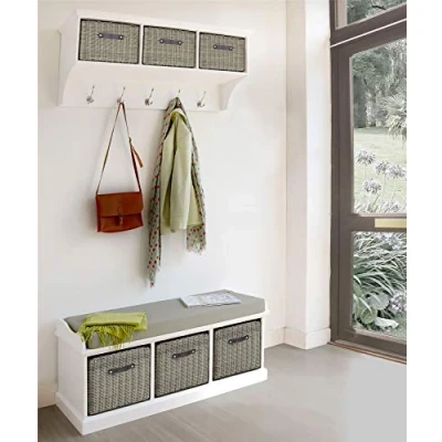 Image of Tetbury White hanging shelf and bench with grey baskets. Very sturdy hallway furniture extra strong baskets