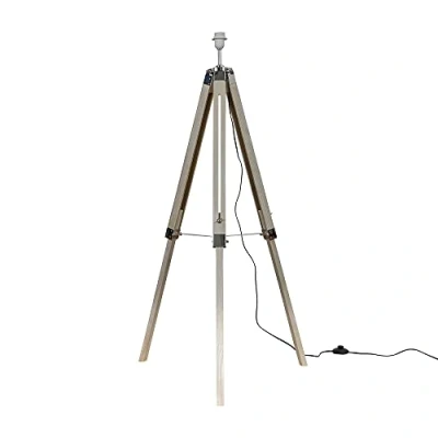 Image of Modern Distressed Wood and Silver Chrome Tripod Floor Lamp Base