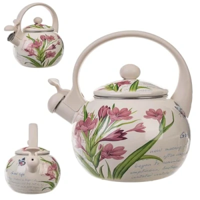Image of KADAX Kettle, Stainless Steel 2.2 L Whistling Kettle for Induction and Gas Stove, Tea Enamel Retro with Whistle (Crocus)