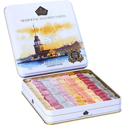 Image of Cerez Pazari Turkish Delight Candy Gift Basket 907g, Gourmet Lokum Dessert Corporate, Christmas, Thanksgiving, Halloween Food Gifts in Elegant Tin Box with 6 Unique Flavors No Nuts