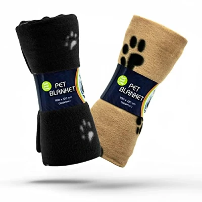 Image of 2 X Dog Blankets Washable With Paw Prints Blanket Cat Soft Warm Fleece Animals Pet Puppy Bed Travel Pack (BLACK and BEIGE, 100cm 120cm (Pack of 2))