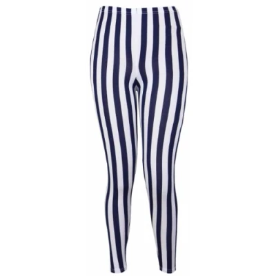 Image of New Ladies Vertical Stripe Print Elasticated Waist Womens Patterned Long Stretch Fit Leggings Navy Blue Size 20 22