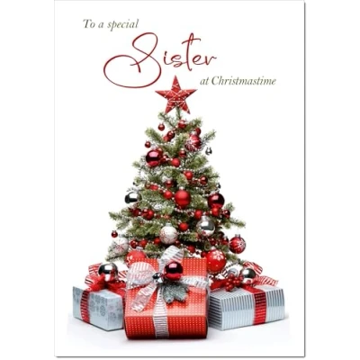 Image of doodlecards Sister Christmas Card Parcels and Tree Medium Size with Plain Envelope
