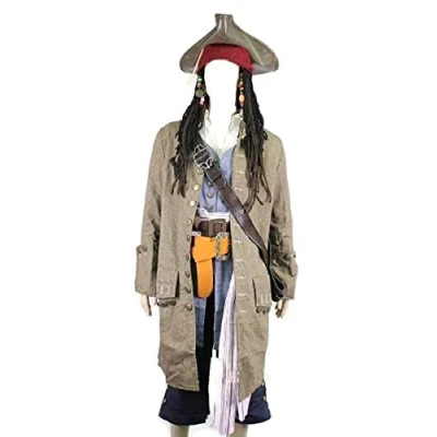 Image of thecostumebase Jack Sparrow Pirate Full Costume Belts Wig Coat Vest Shirt Pants Sash Baldric (XL)