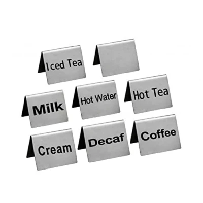Image of New Star Foodservice Stainless Steel Table Tent Sign Combo, Includes &quot;Coffee&quot;, &quot;Decaf&quot;, &quot;Hot Tea&quot;, &quot;Iced Water&quot;, &quot;Milk&quot;, &quot;Cream&quot;,and Blank, 2 Inch by Inch, Combo Set of 8