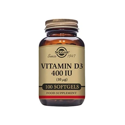 Image of Solgar Vitamin D3 400 IU (10 μg) Softgels Pack of 100 Cholecalciferol Keeps Bones and Teeth Healthy Supports Muscle Function &amp; Immunity Vegetarian