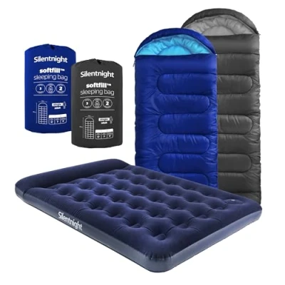 Image of Silentnight Airbed and Sleeping Bag Inflatable Double Air Bed Camping Mattress with Built in Foot Pump for Adults Bundle, Blue Black