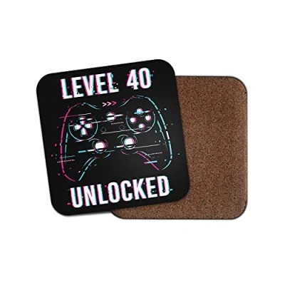Image of Square Single Coaster Gamer Birthday Level 40 40th Forty Fortieth Unlocked Gaming Game Controller Glitch Girls Boys Men Brother Friend Mancave Gift #78590