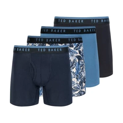 Image of Ted Baker Men&#039;s 4 Pack Cotton Stretch Boxer Briefs, Sky/Tropical Leaves/Blue/Black, XL