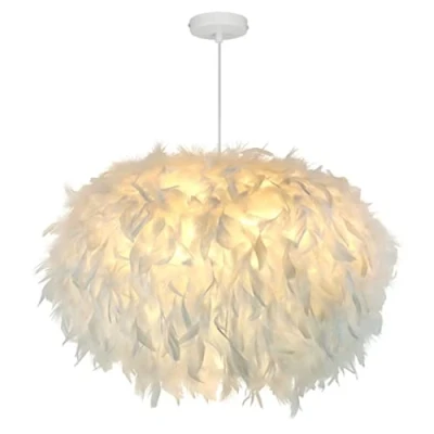 Image of 55cm/21.8&quot; Ellipsoid White Feather Pendent Light Lampshade Ceiling Fixture Chandelier for Living Room, Bedroom, Dining Room