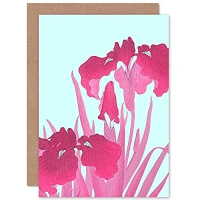 Image of Wee Blue Coo Ohara Koson Pink Iris Flowers Greeting Card With Envelope Inside Premium Quality
