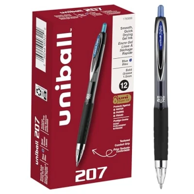 Image of Uni Ball Signo 207, 12 Pack 1.0mm Bold Blue Gel Pens Water Resistant, Smooth Writing, Comfort Grip, Retractable Back to School Pens, Teacher Supplies
