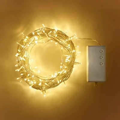 Image of Lights4fun 200 Warm White LED Outdoor Battery Operated Fairy Lights on Clear Cable