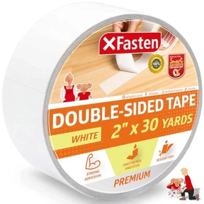 Image of XFasten Double Sided Tape, White, Removable and Residue free, 2 Inch x 30 Yards, Surface safe Two Sticky Adhesive Tape for Wall, Floor, Clothes, Rug, Fabric