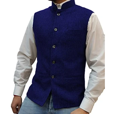 Image of Solovedress Mens Vintage Suit Vest Zhongshan High Collar Tweed Waistcoat for Men Groosmens (Royal Blue,XXL)
