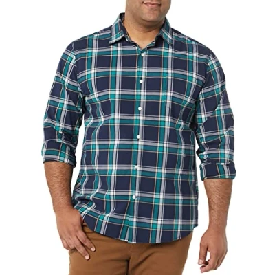 Image of Amazon Essentials Men&#039;s Long Sleeved Regular Fit Stretch Poplin Shirt, Dark Green Navy Medium Plaid, XS