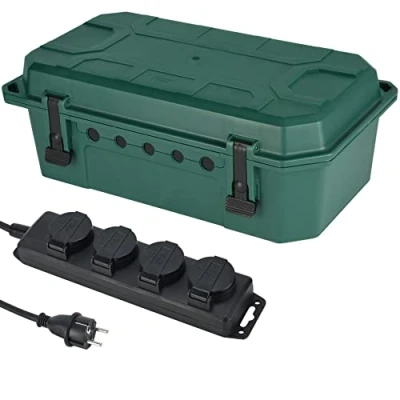 Image of Electraline 300181 Waterproof Protective Box for Outdoor Use, Weatherproof IP54 with Included 4 Way Power Strip, IP44 Sockets Caps, 5 m Cable H05RR F 3G1.5, Green, X Large