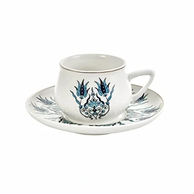 Image of Karaca Iznik New Form Turkish Coffee Cups, 12 Piece Porcelain Espresso Cups Set, Cup Set of 6, 90 ml Small Arabic &amp; Greek with Saucers