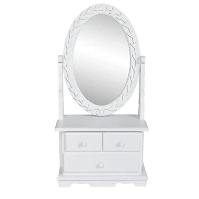 Image of vidaXL Vintage Chic Vanity Makeup Table with Functional Drawers &amp; Oval Swing Mirror MDF Wood, White, Scandinavian Style Side for Bedroom