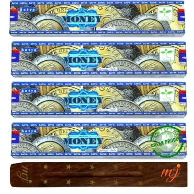 Image of Original Satya Nag Champa Money incense sticks with M&amp;J holder x4 pack for Aromatherapy, Spa, Yoga, Weddings, Meditation, Healing, Positivity and Relaxation