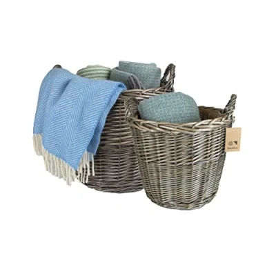 Image of Wrenbury Willow Round Wicker Storage Basket with Hessian Lining Blanket Living Room Traditional Throw Cushion Lined Belly Handles 38cm dia and 51cm Set of 2