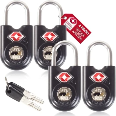 Image of TSA Approved Luggage Locks Padlocks (4 Pack) OW Travel Suitcase with Keys. Heavy Duty Zinc Alloy Key Lock for Luggage, Bag, Case, Backpack, Rucksack, Gym Locker (Black)