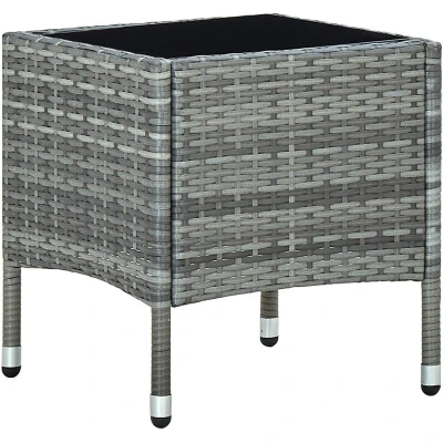 Image of vidaXL Poly Rattan Garden Table Small Outdoor Side with Glass Tabletop Compact Grey Patio Steel Frame