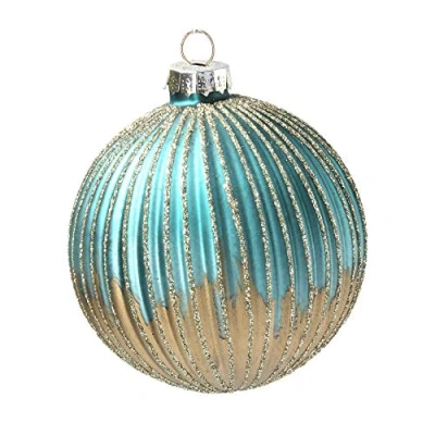 Image of Gisela Graham Glass Christmas Bauble/Decoration 8cm Turq/Gold Ribbed