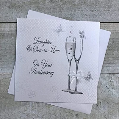 Image of White Cotton Cards Anniversary Handmade Card for Daughter and Son in Law with Champagne Glasses, White, BD195