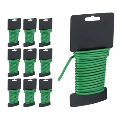 Image of Relaxdays Set of 10 Garden Wires, 5 m Length, Ø mm, Plastic Coated, for Plants, Soft Flower Support and Fixing, Green, Stainless steel, 1.5 x 54 12.5 cm