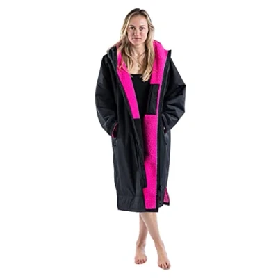 Image of Dryrobe Advance The Original Long Sleeve Waterproof Changing Robe Oversized Coat with Fleece Lining for Beach, Cold Water Wild Swimming, Surfing Childs Age 5 9 Black Pink