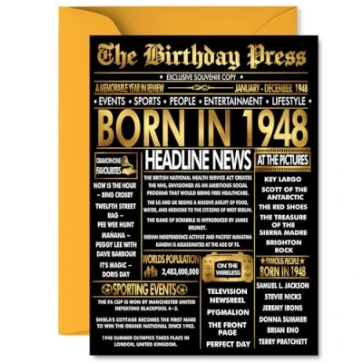 Image of Gold 77th Birthday Card for Men Women Black &amp; Golden Newspaper Born in 1948 Happy 77 Cards Dad Nan Nanny Brother Wife Husband, 5x7 Inch Bday Greeting
