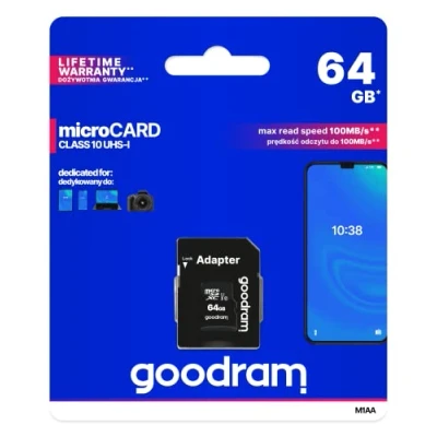 Image of goodram 64GB M1AA Micro Card High Speed Class 10 Memory with Adapter and UHS I Interface Read up to 100MB/s Write from 10MB/s