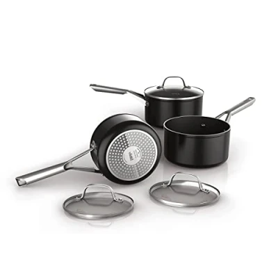 Image of Ninja ZEROSTICK Essentials Cookware 3 Piece Saucepan Set with Glass Lids, Non Stick, Long Lasting, Forged Aluminium Pan Set, Induction Compatible, Oven Safe to 260C, Black C13000UK