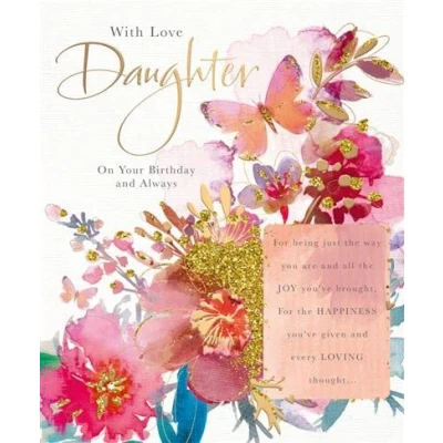 Image of Words n Wishes and Daughter &#039;Happy Birthday&#039; Card Rose Gold Pretty Pink Floral Design From The Moments Range Flittered With A Foil Finish,White Purple, 226 x 183mm