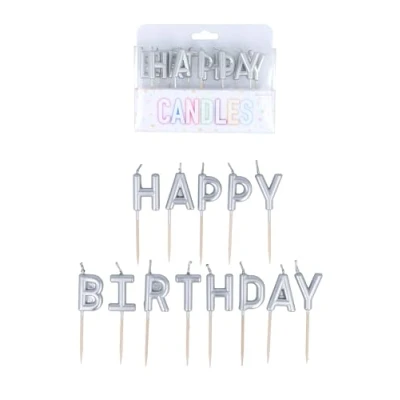 Image of Henbrandt Pack of 13 Silver Happy Birthday Candles on Wooden Picks, Metallic 7cm Lettered Celebration Cake Topper for and Cupcake Decorations