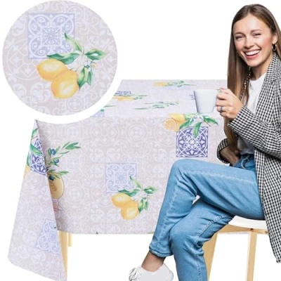Image of KP HOME Wipe Clean Tablecloth Rectangular 78.7&quot;x 55.1&quot; (200x140cm) Plastic Table Cloth Clean, Rectangle Outdoor PVC Oil Cover Waterproof Lemon Orchard Bliss Pattern