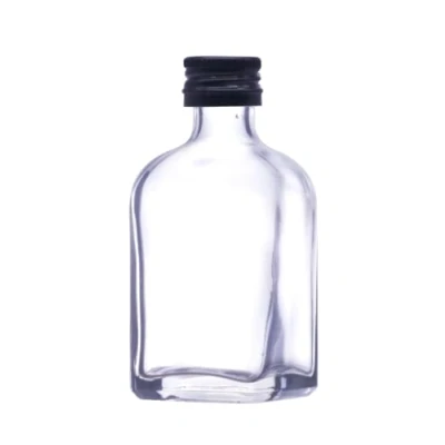 Image of 70 X Mini/Miniature square glass bottles (50ml) with gold caps. Perfect for small gifts of spirits, homemade drinks or as wedding favours (Black Lid, Pack 70)