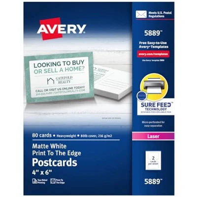 Image of AVERY Printable Postcards with Sure Feed Technology, 4 x 6, White, 80 Blank for Laser Printers (05889)