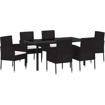 Image of vidaXL 7 Piece Garden Dining Set with Cushions Black Poly Rattan